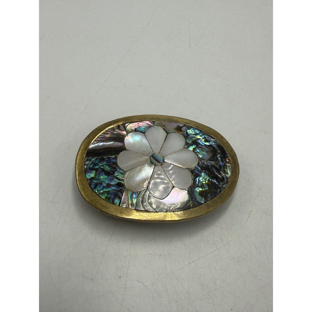 Vintage Alpaca Mexico Abalone Mother of Pearl Flower Belt Buckle Oval Brass Tone